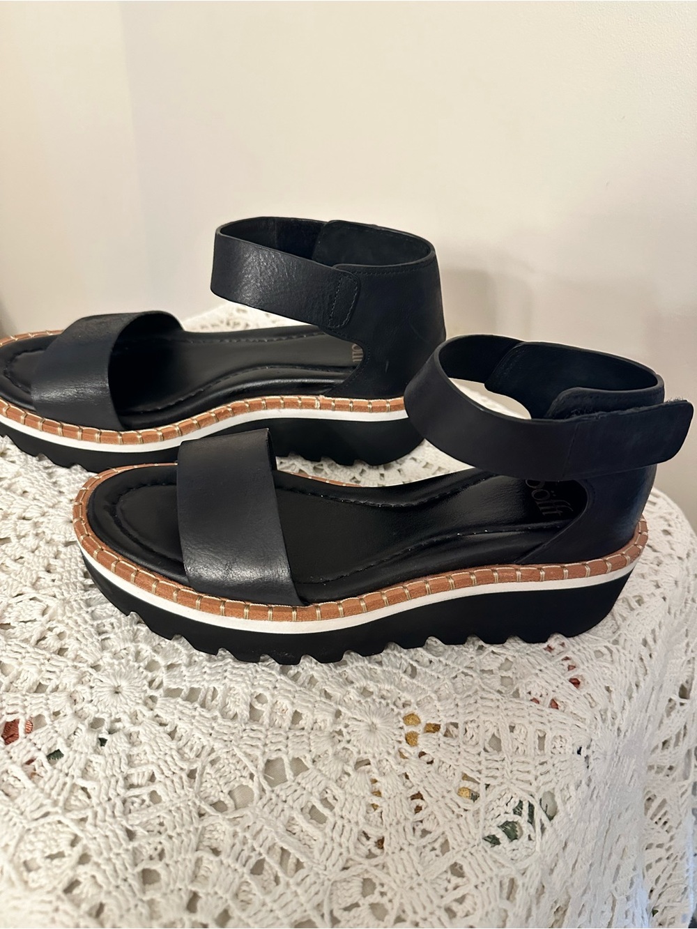 Sofft Black Leather-Look Platform Wedge Sandals with Tan Trim